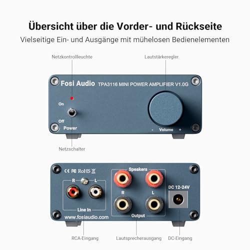 Fosi Audio V1.0G Mini Verstärker, 50Wx2 Class D Verstärker Stereo mit TPA3116 Amp Chip & RCA...