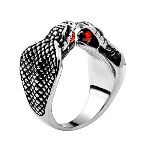 PAMTIER Men's Stainless Steel Gothic Punk Cobra Snake Ring with Red Gemstone Size 7