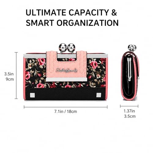 Image of Floral Wallet for Women, Vintage Kiss-Lock Clutch Purse | 10 Card Slots, Full-Length Bill Compartment and Organized Storage,Secure Kiss-Lock Closure, Vintage PU Leather Gift Box