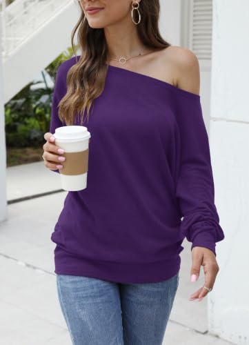 Image of Aifer Women's Off The Shoulder Tops Sexy Long Sleeve Shirts Oversized Fashion Casual Batwing Sweaters Pullover Tunic Tops