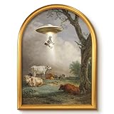 VIYYIEA Curved Vintage Framed Canvas Wall Art, Whimsical Cowwith UFO Wall Decor, Boho Cottagecore Painting Picture, Art Home for Living Room Bedroom Bathroom Office 12x16inch