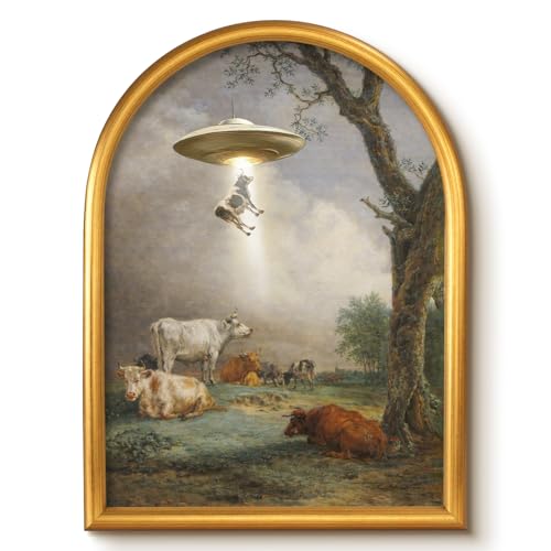 VIYYIEA Curved Vintage Framed Canvas Wall Art, Whimsical Cowwith UFO Wall Decor, Boho Cottagecore...