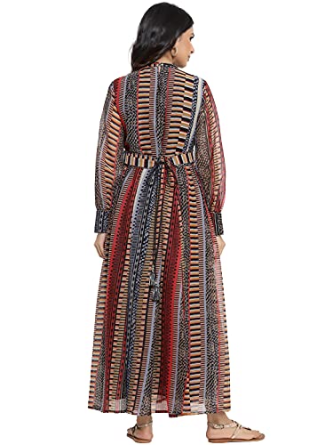 Image of Juniper Black Alphin Chiffon Printed Flared Dress with Waist Tie-up
