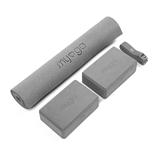 Myga Kit de Inicio de Yoga con Estera – Estera de Yoga 2 Bloques y Correa – 1 tapete de Yoga 2 Ladrillos y cinturón de Metal con Anillo en D para Principiantes en Yoga, Pilates, Fitness Regalo Gris
