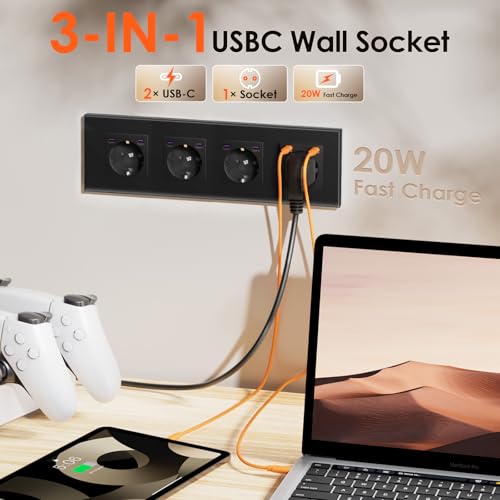 BSEED Schuko Steckdose mit Type C 20W Schnellladeger&auml;t, Typ C + Typ C Steckdose Unterputz, 4 Fach EU-Standard Wandsteckdose mit Glas Platte, 299mm, Grau