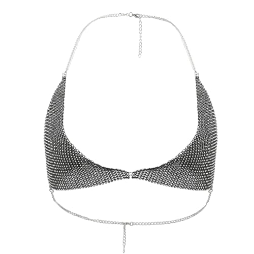 PURFUN Sparkly Metal Rhinestone Crop Top Women Halter Neck Triangle Bra Body Chain Raves Beach Pool Party Bikini Top Cover Up
