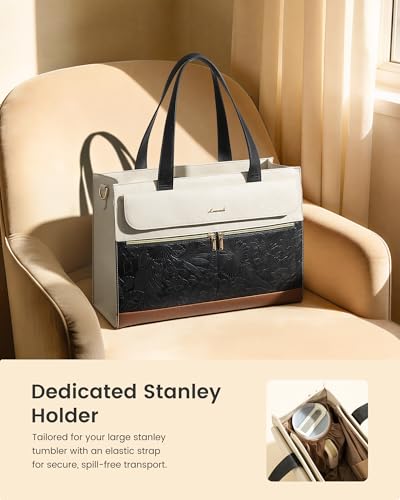 Image of LOVEVOOK Laptop Tote for Women 15.6 Inch, PU Leather Waterproof Work Tote with Large Tumbler Pocket, Peony Embossed Textured Computer Bag, Organized Teacher Office Business Crossbody Handbag