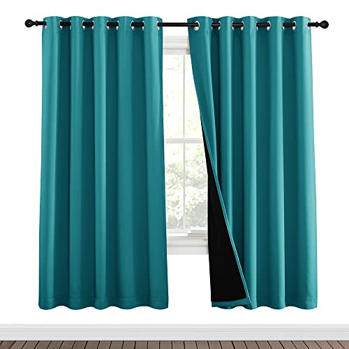 Image of NICETOWN 100% Blackout Window Curtain Panels, Full Light Blocking Drapes with Black Liner for Nursery, 72-inch Drop Thermal Insulated Draperies (Peacock Teal, 2 Pieces, 62-inch Wide Per Panel)