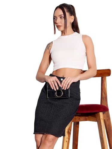 Image of Miss Chase Women's Regular High Rise Above Knee Stretchable Denim Skirt