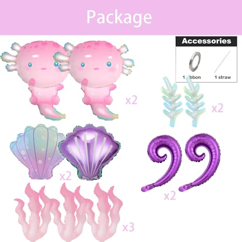 Image of 11Pcs Pink Axolotl Balloons,Seashell Coral Seaweed Balloon For Axolotl Birthday Party Decoration /Under the sea,Mermaid Party Decor,Axolotl Graduation,Pixel Game Axolotl Party Decor