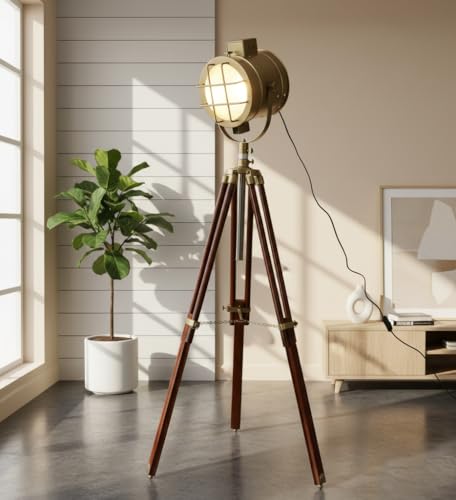 Image of Vintage Tripod Floor Lamp with Adjustable Spotlight Head | Brass & Wood Studio Floor Light for Living Room, Bedroom & Office - 52 Inches Tall (Vintage)