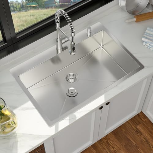 Funmier 33 x 22 Drop In Kitchen Sink - 33 Inch Topmount Kitchen Sinks Stainless Steel 16 Gauge Single Bowl Above Counter Handmade Basin with Offset Drainer