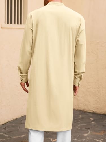 Image of Runcati Mens Kaftan Robe Button Down Long Sleeve Cotton Linen Thobe Casual Muslim Gown Henley Shirt