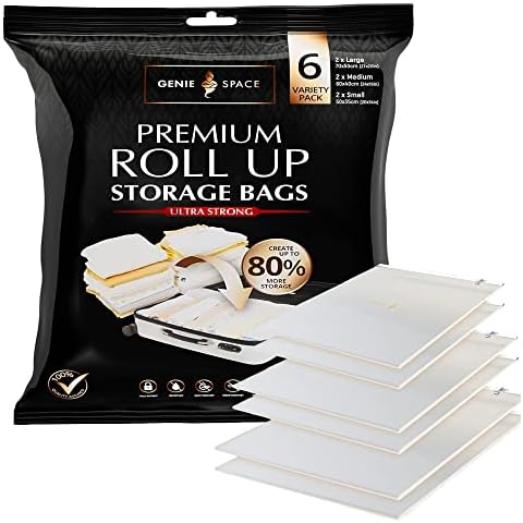 GENIE SPACE Roll Storage Bags - Variety Pack of 6 | 2 Large, 2 Medium & 2 Small | No Pump or Vacuum Strong & Premium Roll-Up Bags | 80% More Home Wardrobe Space & Perfect for Travel Suitcase Packing Cover