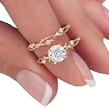 SILVERWORLDSHOP 1.50 Ct Round Cut Diamond Nature Inspire Dainty Twig Bridal Wedding Band Set 14K Rose Gold Plated 925 Sterling Silver Handmade Stacking Matching Anniversary Band Set Gift For Her
