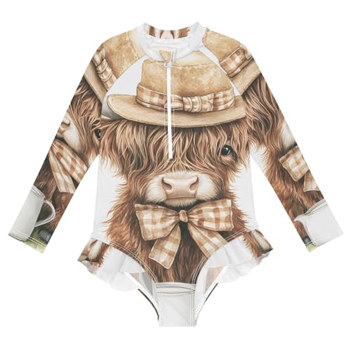 Highland Cow with Sunflower Girls Long Sleeve Swimsuit Rash Guard One Piece Bathing Suits Zipper 3-12T
