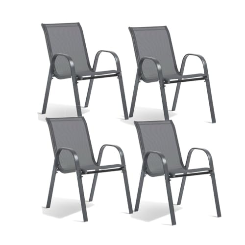 TERRE JARDIN - Chaises de Jardin, Lot de 4 - Chaises Empilables - Gris Anthracite, en Textilène Haute Densité pour Extérieur - Confortables et Design