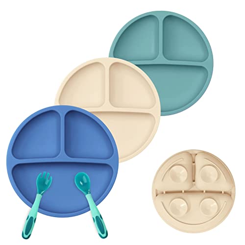 Wee Me 3 Pack Safe Silicone Baby Suction Plates - Toddler Divided Plate Set With Spoon Fork, Dishwasher And Microwave Safe (Sage, Beige & Dark Blue) #TOP6