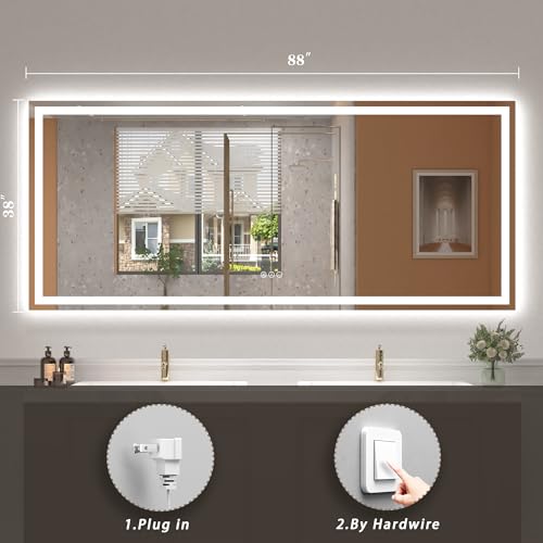Image of 88x38 Super Large LED Mirror for Bathroom, Lighted Vanity Mirror for Wall, Dimmable, Anti-Fog, Shatter-Proof, ETL Listed (Front Lights + Backlit)