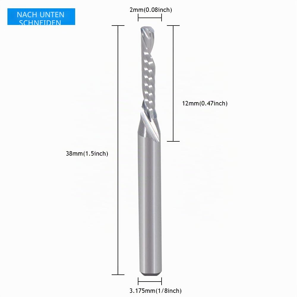 EU_HOZLY 10 Stück Single Flute Down Cut Spiralschaftfräser 1/8 Zoll Schaft mit (0,078 Zoll) 2 mm Schnittdurchmesser, (0,472 Zoll) 12 mm Schnittlänge für Holz-Acryl-Aluminium-Kunststoffplatte