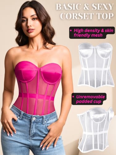 Image of Kaei&Shi Sheer Mesh Overbust Corset,Sexy Strapless Lace Up Satin Bra Corsets Top For Women Shapewear