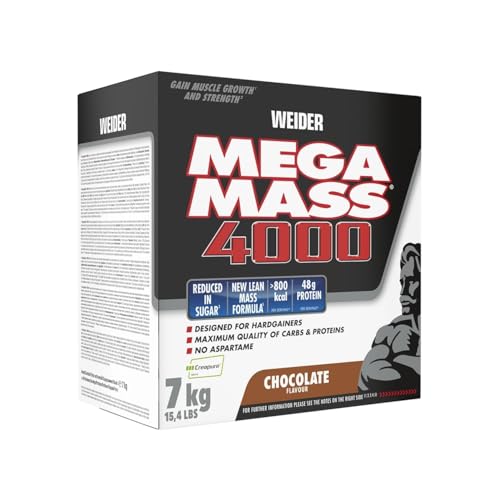 Weider Mega Mass 4000 - Weight Gainer Pulver mit 48g Protein & Kreatin pro Portion - Für Muskelaufbau & hohe Kalorienaufnahme - 7kg - Schokolade