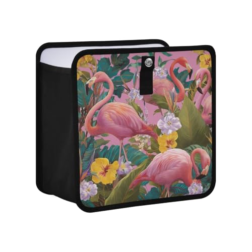 Image of Car Trash Can Organizer Bin with Adjustable Strap for Back Front Seat Console Waterproof Leakproof Collapsible Portable 8.66 Inch Pink Romantic Tropical Flamingo and Plants