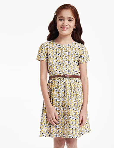 Image of Amazon Brand - Jam & Honey Girl's 100% Soft & Pure Cotton Comfortable and Stylish Printed Woven Dress with Short Sleeves and Belt - Perfect for Every Occasion