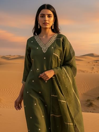 Image of INDO ERA Women's Viscose Self Design Straight Kurta with Pant & Dupatta Set
