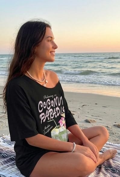 Image of SXV STYLE Women's Casual Letter Print Asymmetric Neck Loose Short Sleeve T-Shirt,