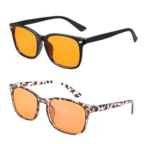JazRvr Blaulichtfilter Brille Herren und Damen, 2 Stück Gaming Brille mit Blaulichtfilter, Bernsteinfarbene Gläser für Computerarbeit und Esports, Schwarz und Leopard