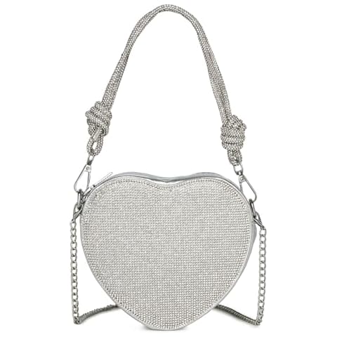 CALLPIONEER Silver Crossbody Purse, Heart Purse Evening Clutch Small Shoulder Purse Rhinestone Purse Crossbody Bag for Women Cover