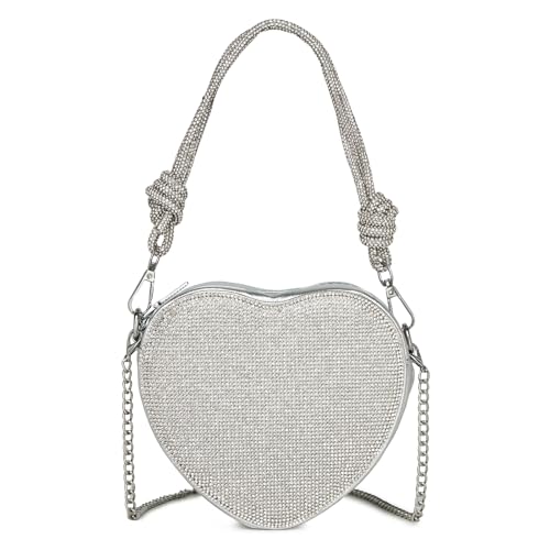 CALLPIONEER Bolsa transversal prateada, bolsa de coração, bolsa de ombro pequena, bolsa de ombro com strass, bolsa transversal para mulheres, Prata., Bolsas de noite modernas