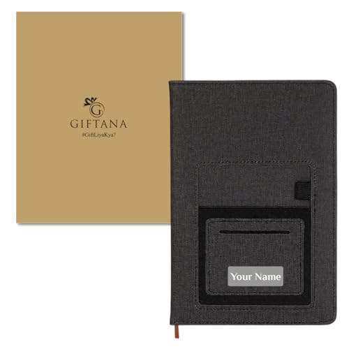 Image of Giftana Personalized Diary with Name, Customized Jute Pocket Notebook Diary For Office Use With Mobile & Card Holder Or Pen Loop Organiser Diaries, Personalised Diwali Corporate Gifts for Employee (Black)