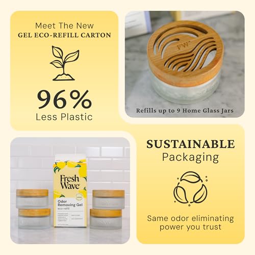 Image of Fresh Wave Odor Removing Gel Eco-Refill, 63 oz. Lemon Scent | 4 Empty Refillable Glass Jars | 4 Room Set