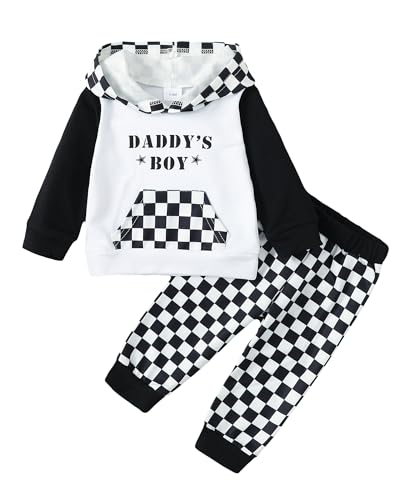 Image of Toddler Baby Boy Clothes Infant Newborn Boy Outfit Long Sleeve Hoodie Plaid Sweatshirt Pant Fall Winter Clothes Set