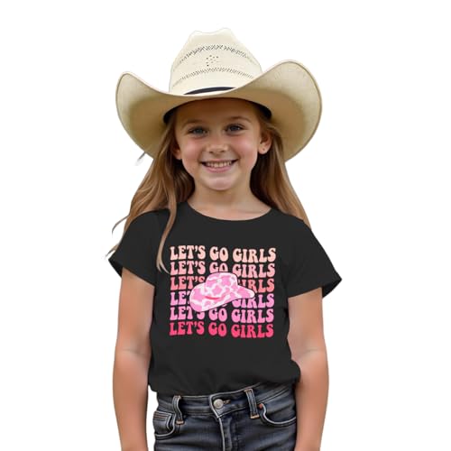 Image of MODNTOGA Toddler Girl Leopard Cowboy Hat Graphic Tshirt Retro Western Cowgirl Shirt Let's Go Girls Print Short Sleeve Tee Top