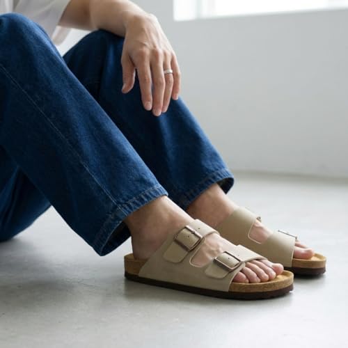 Image of CUSHIONAIRE Lane Cork Footbed Mens Sandals, Adjustable Buckle Comfort Slides for Men, Genuine Leather Insole Summer Sandals Men Footwear