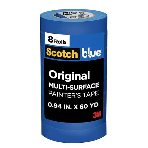 Image of ScotchBlue Painter's Tape, 0.94 inch Width x 60 Yards, 8 Rolls, Blue, Multi-Surface, Indoor /Outdoor, 45% Renewable Resources, No Residue, DIY, Glass, Wood, 0.94 inches, Made in USA or Imported | 0.94 in x 60 yd, Blue Paint Tape, Protects Surfaces, Removes Easily, Multi-Surface Painting Tape for Indoor and Outdoor Use