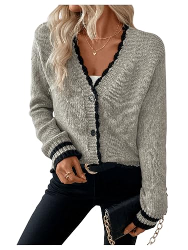 Milumia Women's Color Block Cardigan Sweaters Long Sleeve Button Open Front Cardigans