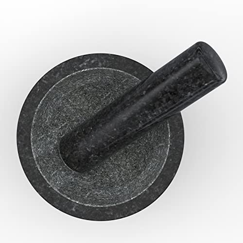 Foto von MARINDO Granit Mörser mit Stößel Schwarz & Gold (13,5cm Durchmesser) | Mörser aus Granit mit extra langem Stößel | robust, langlebig & massiv