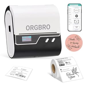 ORGBRO Label Maker, Z3 Bluetooth Thermal Label Printer 2-3 Inch Print Width Barcode Sticker Maker Machine for Clothing, Jewelry, Supermarket, Small Business with 1 Roll White 50x30mm Label, Silver