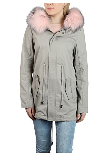 Rock Angel Damen Parka mit Rosa Kunstfell ALMA | Leichter Übergangsparka aus hochwertigem Twill-Material Light-Grey S