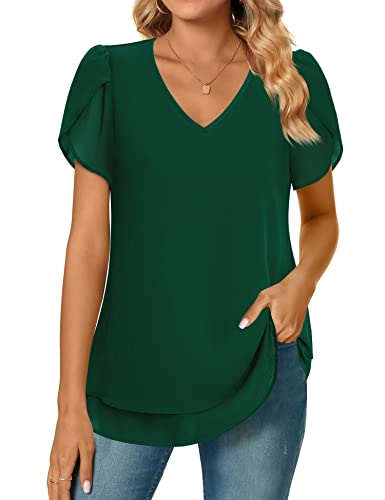 Furnex Womens Blouses,Petal Short Sleeve V Neck Blouse Dressy Chiffon Tunic Tops Casual Summer Flowy Layered Shirts For Women Work Office Formal Spring Tunics To Wear With Leggings Spring Green M #TOP1