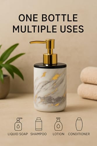 Image of LAGET 300ml Soap Dispenser for Wash Basin - Marble Golden Print | Kitchen and Bathroom Accessories Items | Refillable Handwash Dispenser Bottle- Set of 2 (White Twinkle)