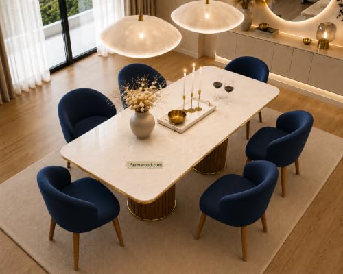 Image of 6 Seater Dining Table and Chair with Nano Composite Marble Top and Golden Strip Set | 72 x 36 x 30 Inch Solid Wood Base with Swed Fabric Finish Dining Furniture for Living Room Home (Blue)
