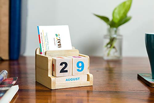 Image of IVEI Wooden Desk Calendar with Pen /Card Holder - Lifetime Calendar - Minimal Desk Calendar & Pen Holder - Mini Desk Organizer Wooden Perpetual Calendar set for Desk Decor, Study Room, Home & Office