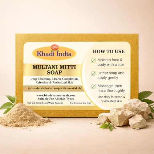 Image of Khadi Organic and Natural Multani Mitti Soap for Oily & Acne-Prone Skin | Deep Cleansing Herbal Bathing Bar with Fuller's Earth | Radiant Skin & Glowing Skin By Bhudevam Naturals | Suitable for All Skin Types - Pack of 2