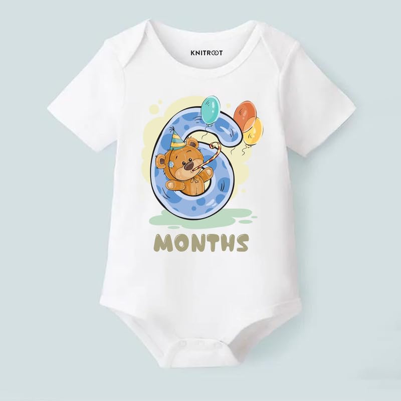 Image of Knitroot Monthly Birthday Teddy Special, Newborn Baby Half Sleeve Unisex Romper, Onesies, Sleepsuit, Body Suit, Envelope Neck, 1 to 12 Months Print, 0-12 Months, Infant Cloth for Boys & Girls