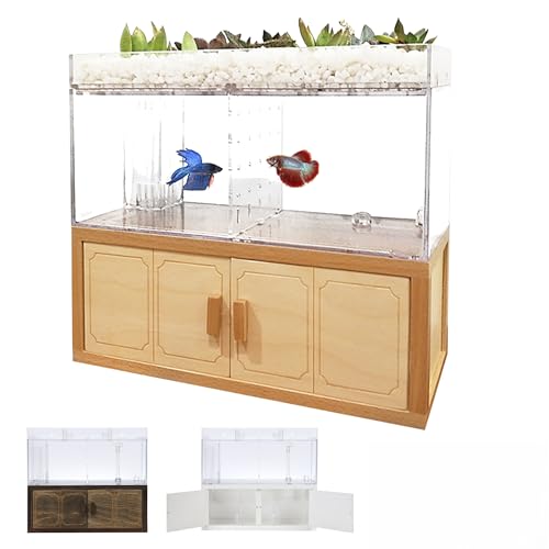 デスクトップ水槽 観葉植物プランタ一体型 実木キャビネット付き 小型インテリア水槽 オーバーフロー底ろ過システム搭載 ベタ・グッピー・熱帯魚対応高透過アクリル製 【アクアエデンティア】 (ライトウッド系)